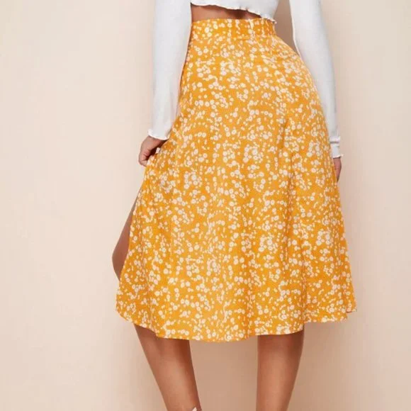 Boho ditsy floral print midi slit skirt GREEN - Picture 5 of 14